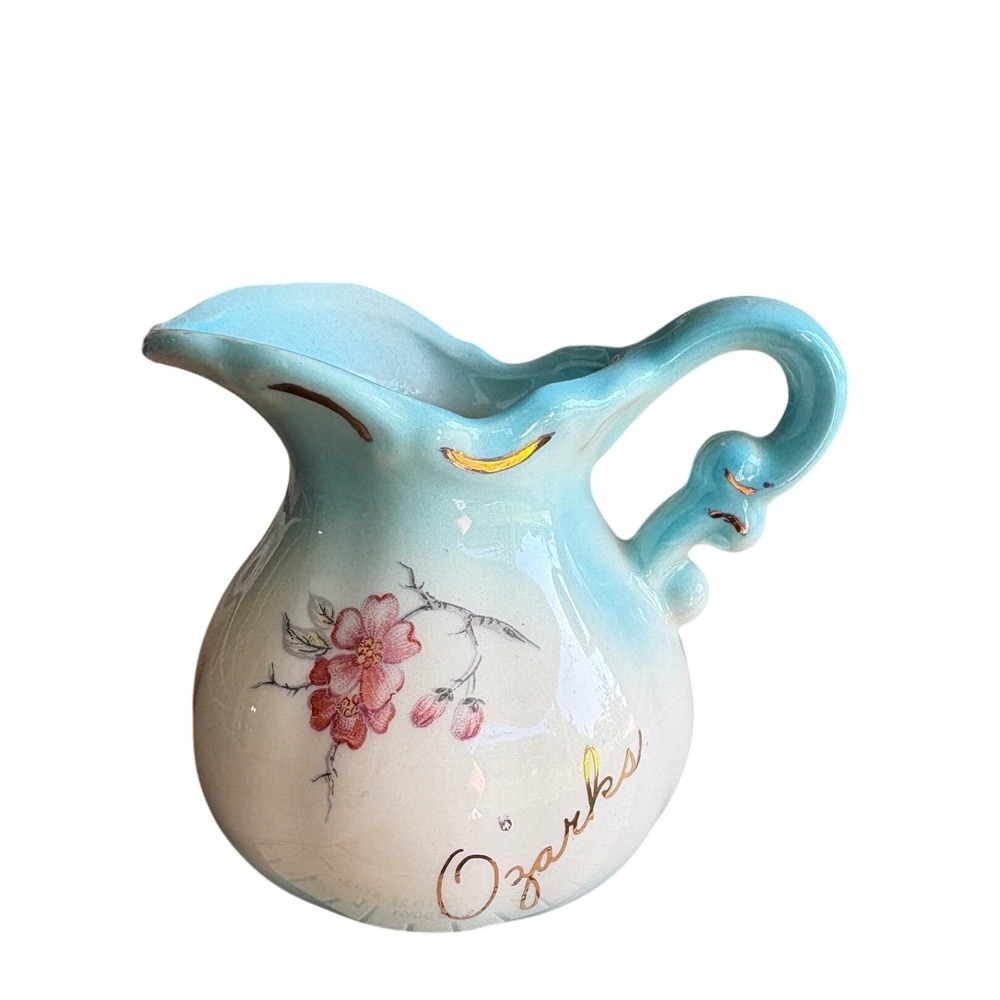Vintage Ozarks Mini Pitcher Wash Basin Style Small Blue Floral Gold Decorative